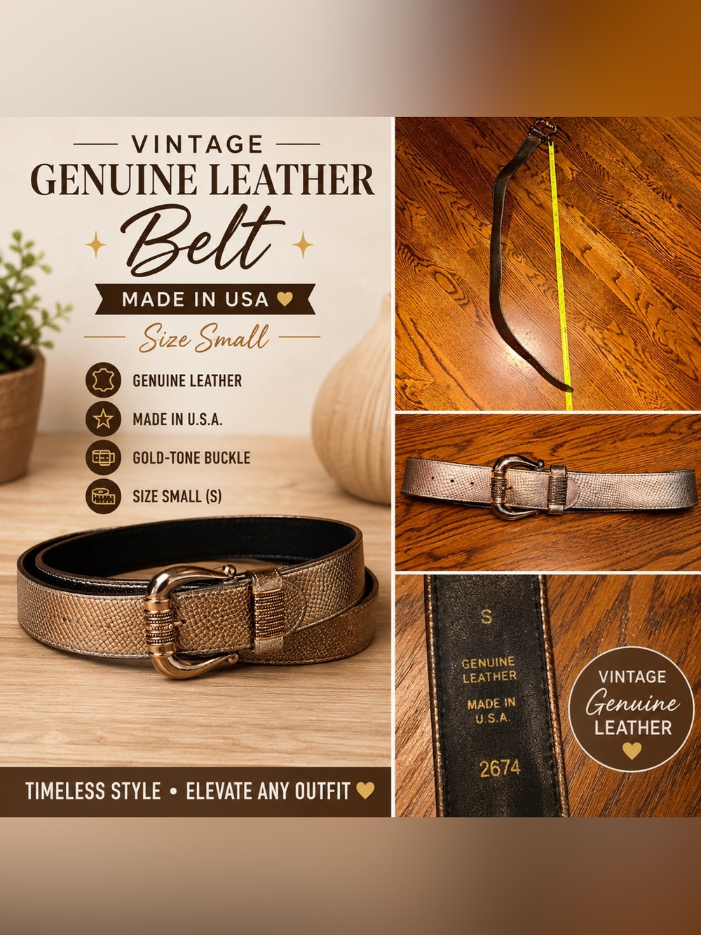 Vintage Genuine Leather Metallic Bronze Belt Made in USA Size Small